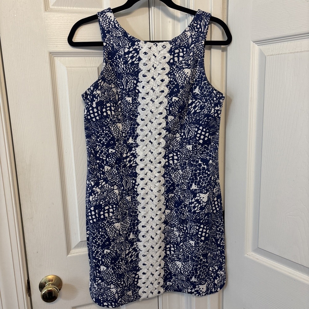 Lilly Pulitzer Target Blue White Upstream Fish Sheath Dress 10 Preppy Nautical